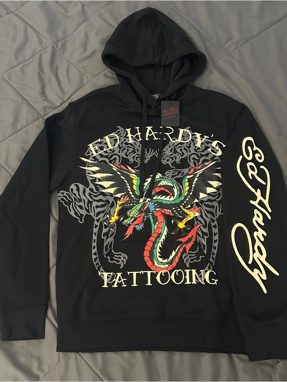 Ed Hardy Black Hoodie with Multicolor Dragon Print large